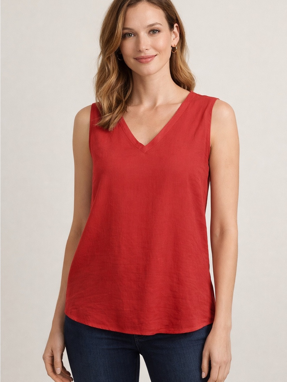 Sleeveless V-Neck Linen Blend Top in Red